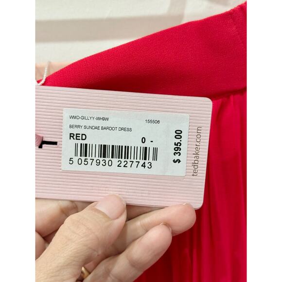 NWT Ted Baker Berry Sundae Bardot Floral Off-Shoulder Pleated Hi-low Dress Red 0 - Picture 6 of 8